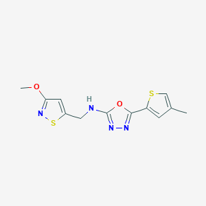 molecular formula C12H12N4O2S2 B7092672 N-[(3-methoxy-1,2-thiazol-5-yl)methyl]-5-(4-methylthiophen-2-yl)-1,3,4-oxadiazol-2-amine 