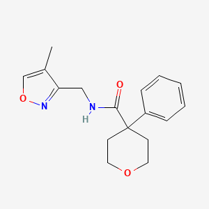 molecular formula C17H20N2O3 B7106880 N-[(4-methyl-1,2-oxazol-3-yl)methyl]-4-phenyloxane-4-carboxamide 