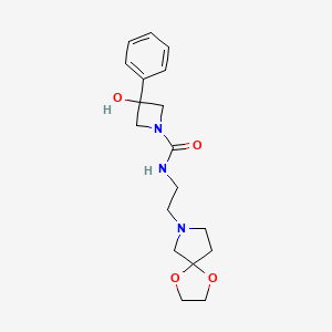molecular formula C18H25N3O4 B7109313 N-[2-(1,4-dioxa-7-azaspiro[4.4]nonan-7-yl)ethyl]-3-hydroxy-3-phenylazetidine-1-carboxamide 