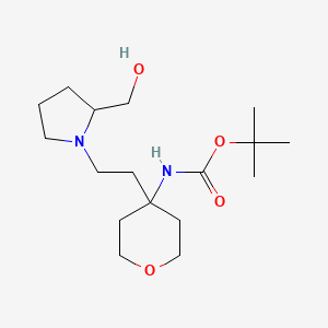 molecular formula C17H32N2O4 B7110665 tert-butyl N-[4-[2-[2-(hydroxymethyl)pyrrolidin-1-yl]ethyl]oxan-4-yl]carbamate 