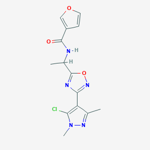 molecular formula C14H14ClN5O3 B7111026 N-[1-[3-(5-chloro-1,3-dimethylpyrazol-4-yl)-1,2,4-oxadiazol-5-yl]ethyl]furan-3-carboxamide 