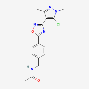 molecular formula C16H16ClN5O2 B7111032 N-[[4-[3-(5-chloro-1,3-dimethylpyrazol-4-yl)-1,2,4-oxadiazol-5-yl]phenyl]methyl]acetamide 