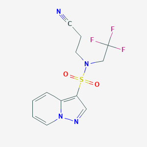 molecular formula C12H11F3N4O2S B7111165 N-(2-cyanoethyl)-N-(2,2,2-trifluoroethyl)pyrazolo[1,5-a]pyridine-3-sulfonamide 