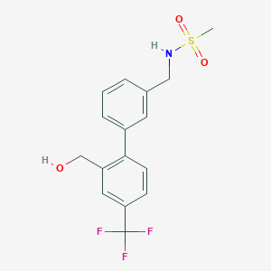 molecular formula C16H16F3NO3S B7117073 N-[[3-[2-(hydroxymethyl)-4-(trifluoromethyl)phenyl]phenyl]methyl]methanesulfonamide 