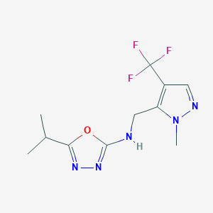 molecular formula C11H14F3N5O B7119521 N-[[2-methyl-4-(trifluoromethyl)pyrazol-3-yl]methyl]-5-propan-2-yl-1,3,4-oxadiazol-2-amine 