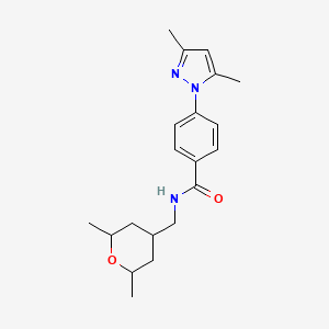molecular formula C20H27N3O2 B7122414 N-[(2,6-dimethyloxan-4-yl)methyl]-4-(3,5-dimethylpyrazol-1-yl)benzamide 