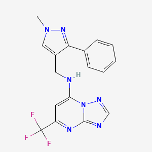 molecular formula C17H14F3N7 B7126310 N-[(1-methyl-3-phenylpyrazol-4-yl)methyl]-5-(trifluoromethyl)-[1,2,4]triazolo[1,5-a]pyrimidin-7-amine 