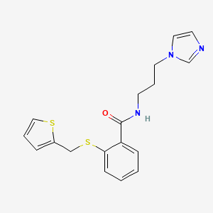 molecular formula C18H19N3OS2 B7128295 N-(3-imidazol-1-ylpropyl)-2-(thiophen-2-ylmethylsulfanyl)benzamide 