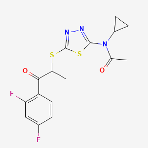 molecular formula C16H15F2N3O2S2 B7128364 N-cyclopropyl-N-[5-[1-(2,4-difluorophenyl)-1-oxopropan-2-yl]sulfanyl-1,3,4-thiadiazol-2-yl]acetamide 
