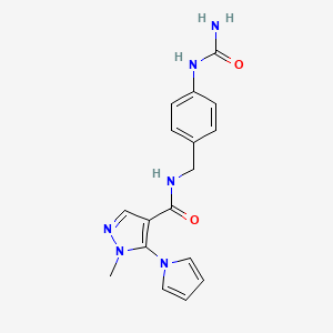 molecular formula C17H18N6O2 B7128958 N-[[4-(carbamoylamino)phenyl]methyl]-1-methyl-5-pyrrol-1-ylpyrazole-4-carboxamide 