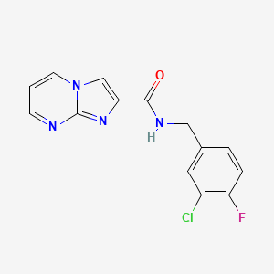 molecular formula C14H10ClFN4O B7129415 N-[(3-chloro-4-fluorophenyl)methyl]imidazo[1,2-a]pyrimidine-2-carboxamide 