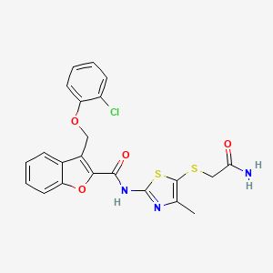molecular formula C22H18ClN3O4S2 B7129956 N-[5-(2-amino-2-oxoethyl)sulfanyl-4-methyl-1,3-thiazol-2-yl]-3-[(2-chlorophenoxy)methyl]-1-benzofuran-2-carboxamide 