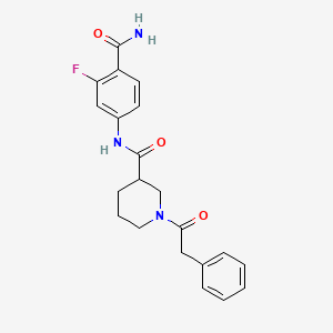 molecular formula C21H22FN3O3 B7130416 N-(4-carbamoyl-3-fluorophenyl)-1-(2-phenylacetyl)piperidine-3-carboxamide 