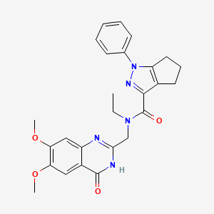 molecular formula C26H27N5O4 B7131975 N-[(6,7-dimethoxy-4-oxo-3H-quinazolin-2-yl)methyl]-N-ethyl-1-phenyl-5,6-dihydro-4H-cyclopenta[c]pyrazole-3-carboxamide 