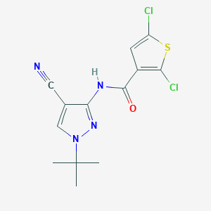 molecular formula C13H12Cl2N4OS B7132995 N-(1-tert-butyl-4-cyanopyrazol-3-yl)-2,5-dichlorothiophene-3-carboxamide 