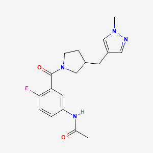 molecular formula C18H21FN4O2 B7133231 N-[4-fluoro-3-[3-[(1-methylpyrazol-4-yl)methyl]pyrrolidine-1-carbonyl]phenyl]acetamide 