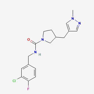 molecular formula C17H20ClFN4O B7133775 N-[(3-chloro-4-fluorophenyl)methyl]-3-[(1-methylpyrazol-4-yl)methyl]pyrrolidine-1-carboxamide 
