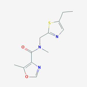 molecular formula C12H15N3O2S B7134331 N-[(5-ethyl-1,3-thiazol-2-yl)methyl]-N,5-dimethyl-1,3-oxazole-4-carboxamide 