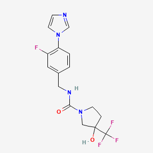 molecular formula C16H16F4N4O2 B7134872 N-[(3-fluoro-4-imidazol-1-ylphenyl)methyl]-3-hydroxy-3-(trifluoromethyl)pyrrolidine-1-carboxamide 