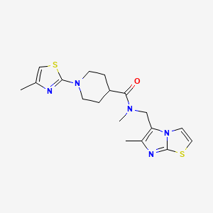 molecular formula C18H23N5OS2 B7135211 N-methyl-N-[(6-methylimidazo[2,1-b][1,3]thiazol-5-yl)methyl]-1-(4-methyl-1,3-thiazol-2-yl)piperidine-4-carboxamide 