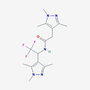 molecular formula C16H22F3N5O B7136072 N-[2,2,2-trifluoro-1-(1,3,5-trimethylpyrazol-4-yl)ethyl]-2-(1,3,5-trimethylpyrazol-4-yl)acetamide 
