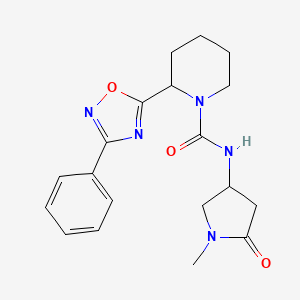 molecular formula C19H23N5O3 B7137399 N-(1-methyl-5-oxopyrrolidin-3-yl)-2-(3-phenyl-1,2,4-oxadiazol-5-yl)piperidine-1-carboxamide 