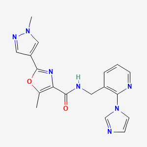 molecular formula C18H17N7O2 B7138657 N-[(2-imidazol-1-ylpyridin-3-yl)methyl]-5-methyl-2-(1-methylpyrazol-4-yl)-1,3-oxazole-4-carboxamide 