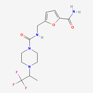 molecular formula C14H19F3N4O3 B7139035 N-[(5-carbamoylfuran-2-yl)methyl]-4-(1,1,1-trifluoropropan-2-yl)piperazine-1-carboxamide 