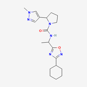 molecular formula C19H28N6O2 B7139037 N-[1-(3-cyclohexyl-1,2,4-oxadiazol-5-yl)ethyl]-2-(1-methylpyrazol-4-yl)pyrrolidine-1-carboxamide 