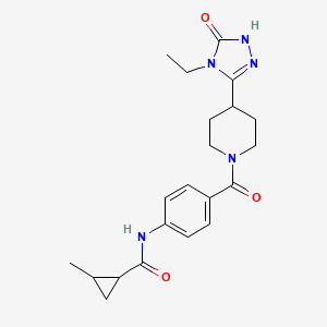 molecular formula C21H27N5O3 B7144307 N-[4-[4-(4-ethyl-5-oxo-1H-1,2,4-triazol-3-yl)piperidine-1-carbonyl]phenyl]-2-methylcyclopropane-1-carboxamide 