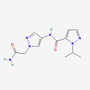 molecular formula C12H16N6O2 B7145264 N-[1-(2-amino-2-oxoethyl)pyrazol-4-yl]-2-propan-2-ylpyrazole-3-carboxamide 