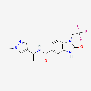 molecular formula C16H16F3N5O2 B7145582 N-[1-(1-methylpyrazol-4-yl)ethyl]-2-oxo-1-(2,2,2-trifluoroethyl)-3H-benzimidazole-5-carboxamide 