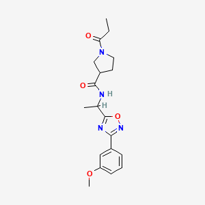 molecular formula C19H24N4O4 B7149223 N-[1-[3-(3-methoxyphenyl)-1,2,4-oxadiazol-5-yl]ethyl]-1-propanoylpyrrolidine-3-carboxamide 