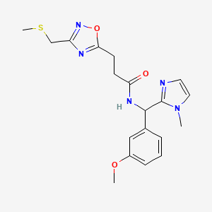 molecular formula C19H23N5O3S B7149675 N-[(3-methoxyphenyl)-(1-methylimidazol-2-yl)methyl]-3-[3-(methylsulfanylmethyl)-1,2,4-oxadiazol-5-yl]propanamide 