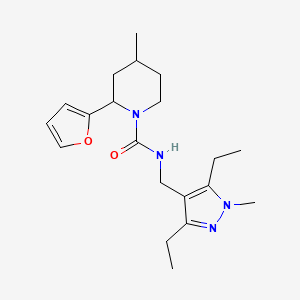 molecular formula C20H30N4O2 B7152502 N-[(3,5-diethyl-1-methylpyrazol-4-yl)methyl]-2-(furan-2-yl)-4-methylpiperidine-1-carboxamide 