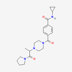 molecular formula C22H30N4O3 B7153189 N-cyclopropyl-4-[4-(1-oxo-1-pyrrolidin-1-ylpropan-2-yl)piperazine-1-carbonyl]benzamide 