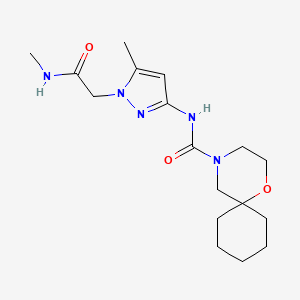 molecular formula C17H27N5O3 B7157310 N-[5-methyl-1-[2-(methylamino)-2-oxoethyl]pyrazol-3-yl]-1-oxa-4-azaspiro[5.5]undecane-4-carboxamide 