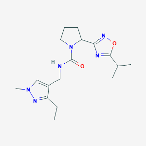 molecular formula C17H26N6O2 B7159761 N-[(3-ethyl-1-methylpyrazol-4-yl)methyl]-2-(5-propan-2-yl-1,2,4-oxadiazol-3-yl)pyrrolidine-1-carboxamide 