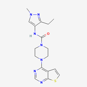 molecular formula C17H21N7OS B7160212 N-(3-ethyl-1-methylpyrazol-4-yl)-4-thieno[2,3-d]pyrimidin-4-ylpiperazine-1-carboxamide 