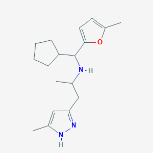 molecular formula C18H27N3O B7161255 N-[cyclopentyl-(5-methylfuran-2-yl)methyl]-1-(5-methyl-1H-pyrazol-3-yl)propan-2-amine 