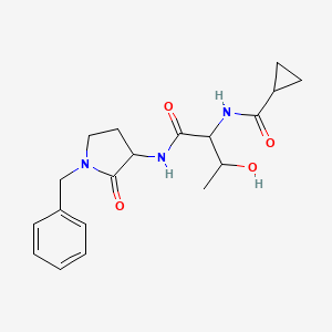 molecular formula C19H25N3O4 B7164179 N-[1-[(1-benzyl-2-oxopyrrolidin-3-yl)amino]-3-hydroxy-1-oxobutan-2-yl]cyclopropanecarboxamide 