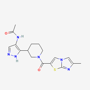 molecular formula C17H20N6O2S B7164249 N-[5-[1-(6-methylimidazo[2,1-b][1,3]thiazole-2-carbonyl)piperidin-3-yl]-1H-pyrazol-4-yl]acetamide 