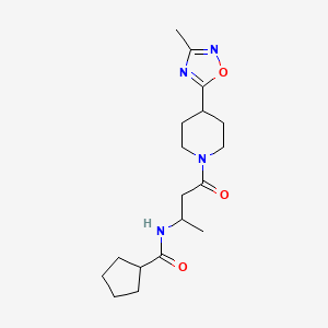 molecular formula C18H28N4O3 B7167518 N-[4-[4-(3-methyl-1,2,4-oxadiazol-5-yl)piperidin-1-yl]-4-oxobutan-2-yl]cyclopentanecarboxamide 