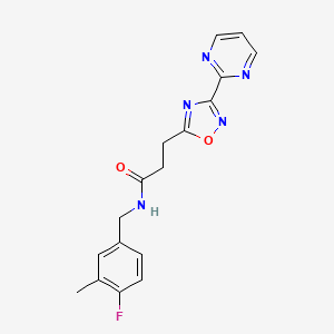 molecular formula C17H16FN5O2 B7168744 N-[(4-fluoro-3-methylphenyl)methyl]-3-(3-pyrimidin-2-yl-1,2,4-oxadiazol-5-yl)propanamide 