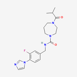 molecular formula C20H26FN5O2 B7169240 N-[(3-fluoro-4-imidazol-1-ylphenyl)methyl]-4-(2-methylpropanoyl)-1,4-diazepane-1-carboxamide 