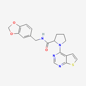 molecular formula C19H18N4O3S B7169829 N-(1,3-benzodioxol-5-ylmethyl)-1-thieno[2,3-d]pyrimidin-4-ylpyrrolidine-2-carboxamide 