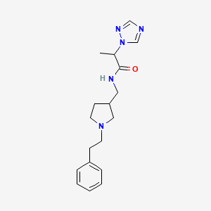 molecular formula C18H25N5O B7170350 N-[[1-(2-phenylethyl)pyrrolidin-3-yl]methyl]-2-(1,2,4-triazol-1-yl)propanamide 