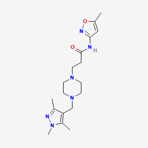 molecular formula C18H28N6O2 B7172187 N-(5-methyl-1,2-oxazol-3-yl)-3-[4-[(1,3,5-trimethylpyrazol-4-yl)methyl]piperazin-1-yl]propanamide 