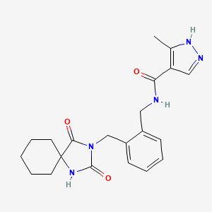 molecular formula C21H25N5O3 B7172479 N-[[2-[(2,4-dioxo-1,3-diazaspiro[4.5]decan-3-yl)methyl]phenyl]methyl]-5-methyl-1H-pyrazole-4-carboxamide 