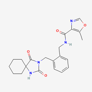 molecular formula C21H24N4O4 B7172485 N-[[2-[(2,4-dioxo-1,3-diazaspiro[4.5]decan-3-yl)methyl]phenyl]methyl]-5-methyl-1,3-oxazole-4-carboxamide 